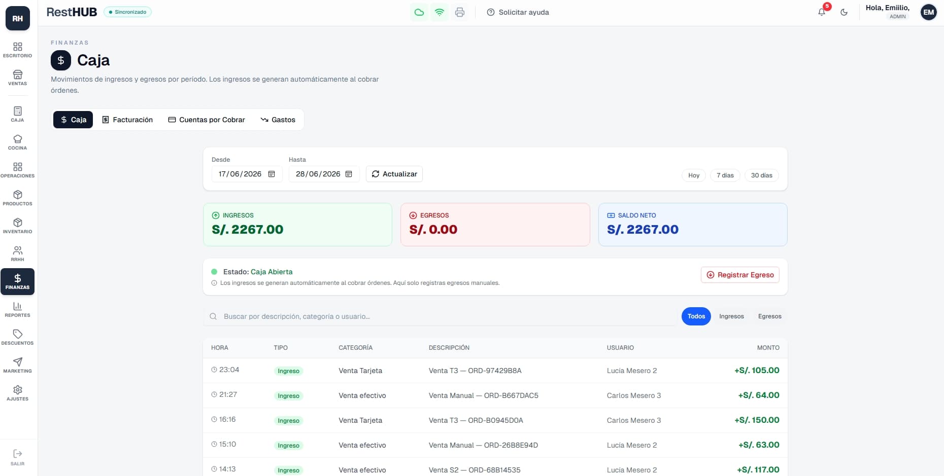 Módulo de caja y finanzas de RestHUB con movimientos de ingresos y egresos