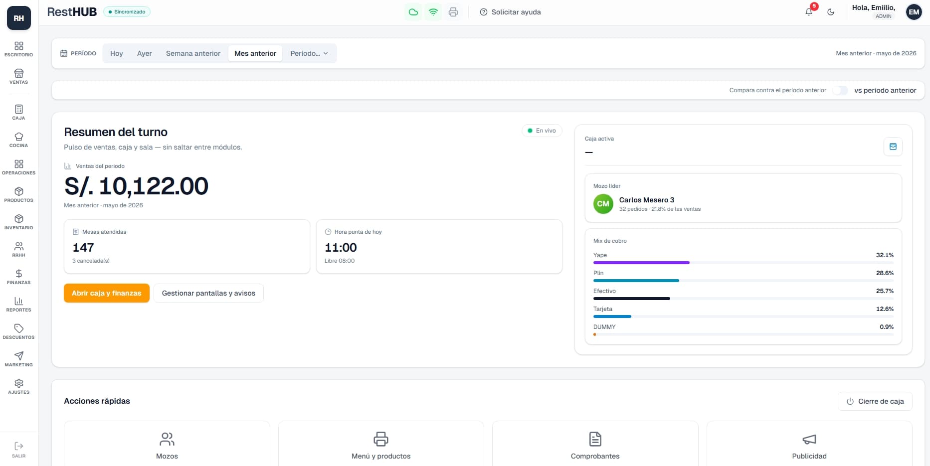 Dashboard de RestHUB con ventas del período en soles y mix de cobro Yape, Plin, efectivo y tarjeta