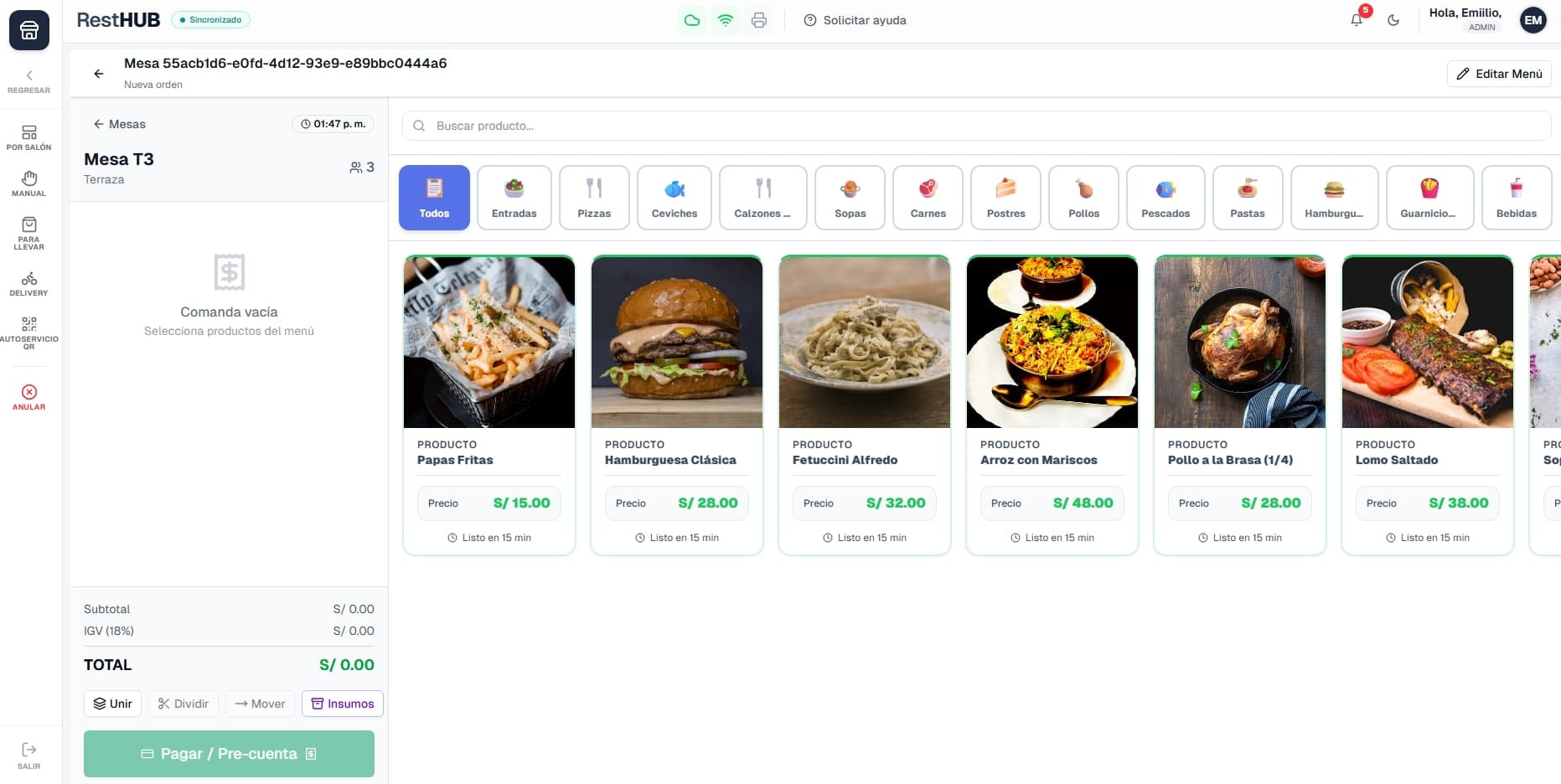 Toma de pedido por mesa en el POS de RestHUB